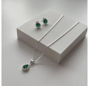 Conjunto Colar e Brincos Verde Esmeralda Cravejado com Zircônias Prata 925